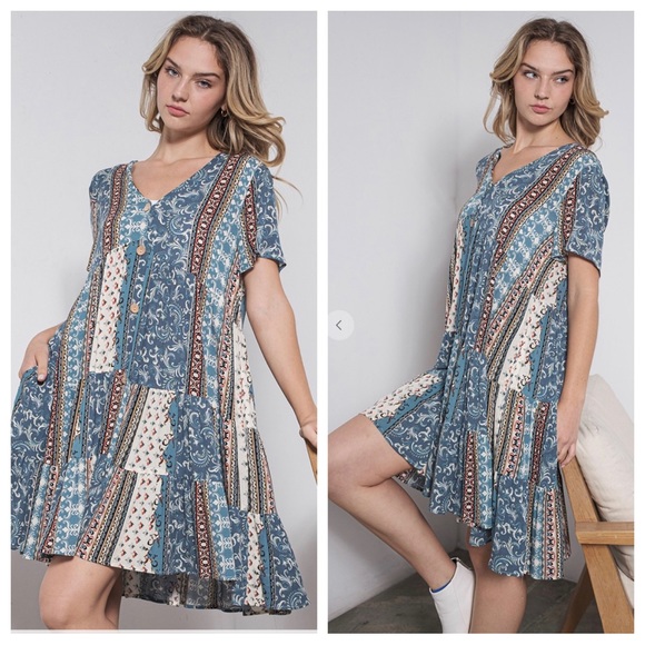 Boho V-Neck Border Print Tiered Mini Dress - Picture 5 of 5